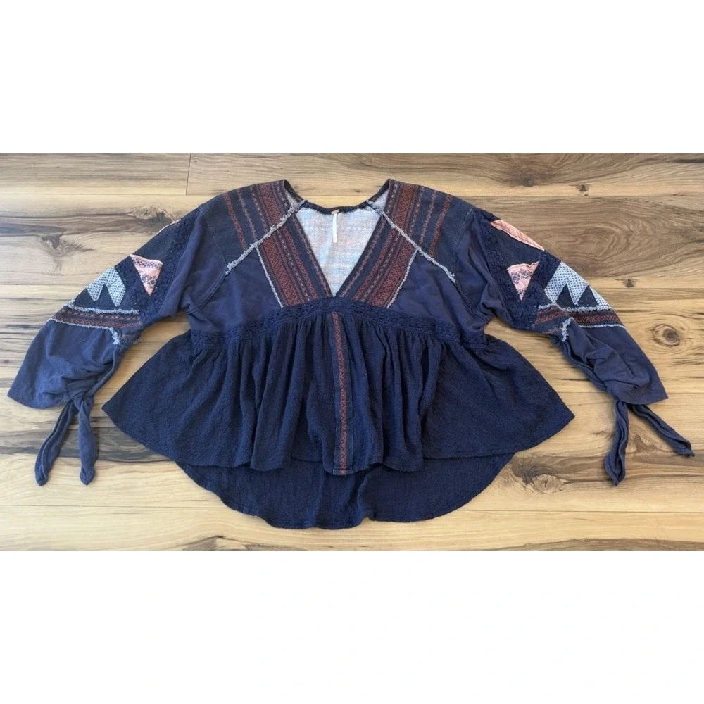 Free People XS Boho Peplum Top Navy Patchwork Crochet Tie Sleeve Babydoll
